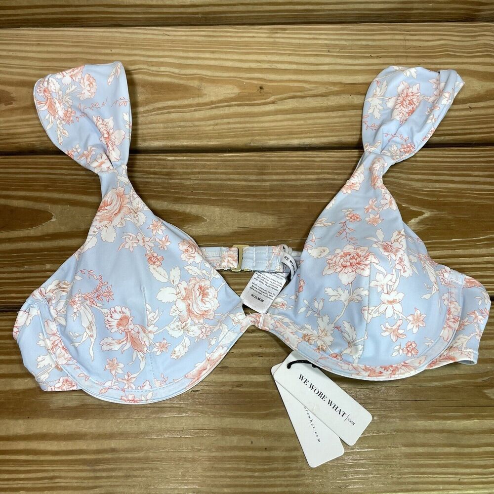 We Wore What Womens L Bikini Top Allie Top Blue Floral Wide Strap Swimwear